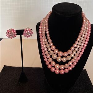 Vintage Pink Pearl Necklace and Earring Set